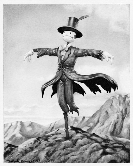 A graphite drawing of "Turnip Head" from "Howl's Moving Castle." He looks like a scarecrow wearing a suit with a tophat and a turnip for a head. He has a grin, a pipe, and a feather in his hat. He is standing in the wind on  a mountain.