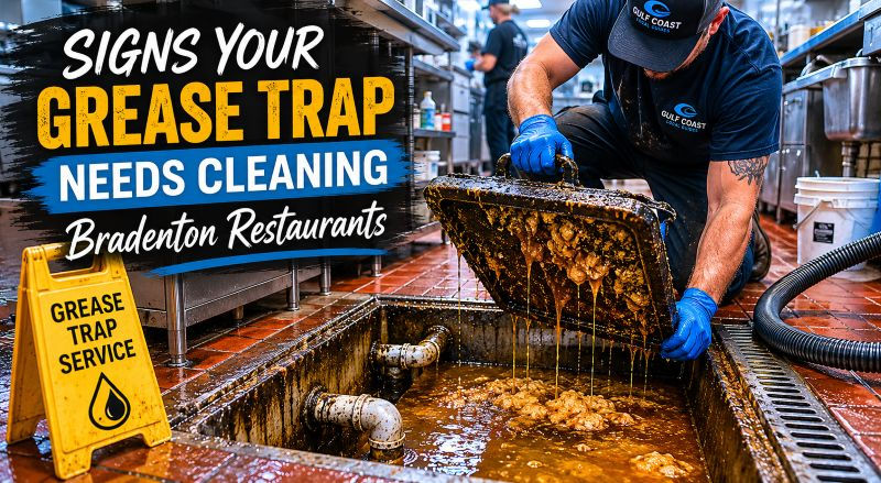 Commercial grease trap overflowing behind a Bradenton restaurant with visible grease buildup and pumping service hose connected during maintenance