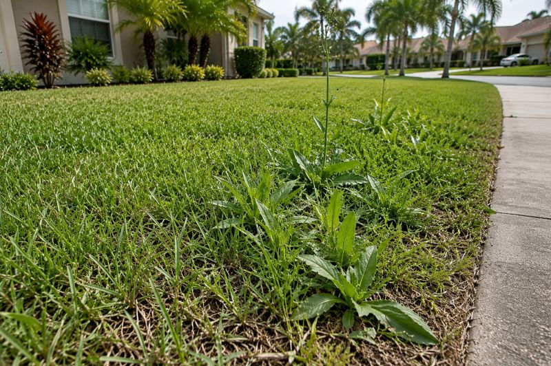 Broadleaf weeds beginning to spread through a residential lawn in Port Charlotte, Florida where healthy grass has started thinning.