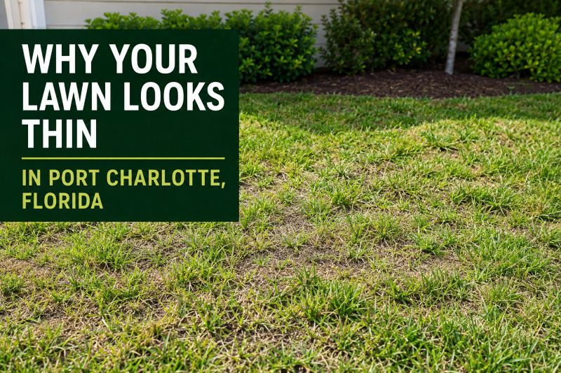 Thin patchy lawn in Port Charlotte, Florida showing sparse grass growth and uneven lawn coverage caused by lawn stress and moisture issues.