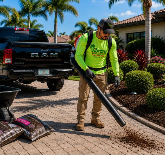 Landscape worker cleaning a paver driveway after completing mulch installation around tropical landscape beds in North Port, Florida