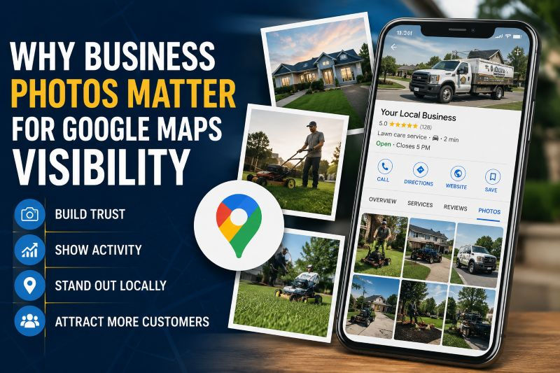 Google Business Profile photos displayed on a smartphone showing how business images help improve Google Maps visibility and customer trust for local service businesses.