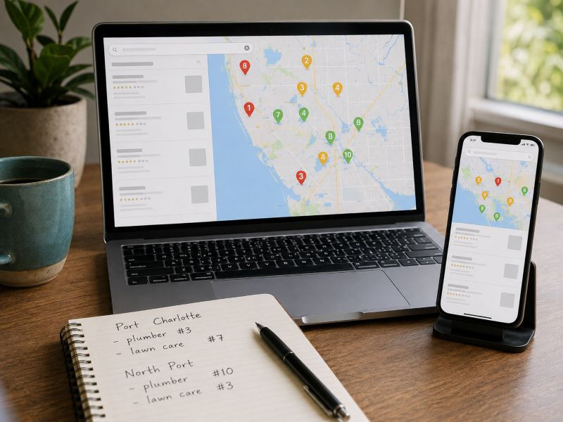 Laptop displaying a Google Maps ranking grid used to check local business rankings across Port Charlotte.