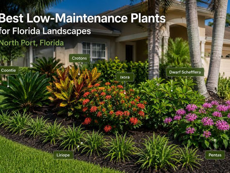 Low-maintenance Florida landscape in North Port featuring coontie, crotons, ixora, dwarf schefflera, liriope, and pentas installed in a freshly mulched flower bed.