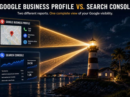 Google Business Profile and Search Console data shown as two paths of light converging at a lighthouse over a Port Charlotte-style harbor.