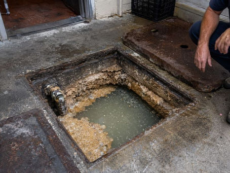 Commercial grease trap with heavy grease buildup behind a Bradenton restaurant during inspection for rapid grease accumulation.