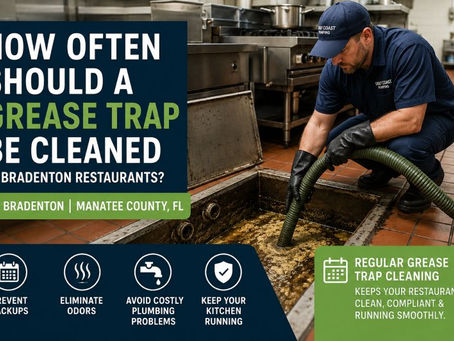 Technician cleaning a commercial grease trap inside a Bradenton restaurant kitchen to prevent backups, odors, and plumbing problems.