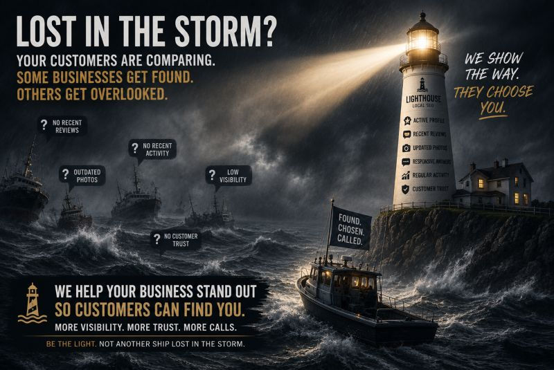 Stormy ocean with multiple boats lost in the fog while a bright lighthouse guides one boat safely toward shore, representing how visibility, trust, reviews, and profile activity help customers choose a business in Port Charlotte.