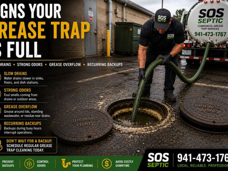 SOS Septic technician servicing an outdoor commercial grease trap interceptor while demonstrating common warning signs of a full grease trap, including slow drains, odors, grease overflow, and recurring backups.