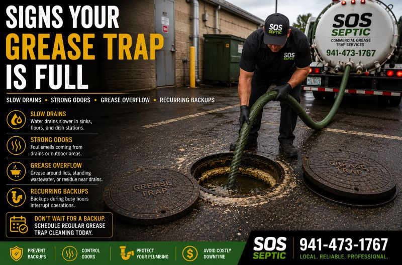 SOS Septic technician servicing an outdoor commercial grease trap interceptor while demonstrating common warning signs of a full grease trap, including slow drains, odors, grease overflow, and recurring backups.