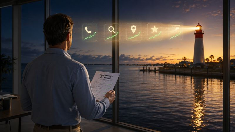 Business owner reviewing a performance scorecard with calls, searches, rankings, reviews, and website data overlooking a Port Charlotte harbor.