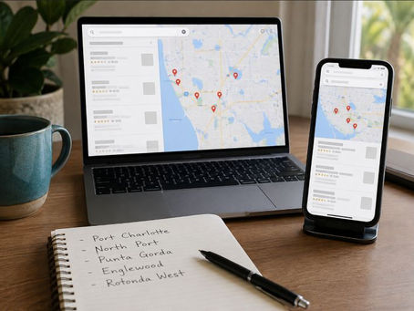 Laptop and smartphone showing different Google Maps results across Port Charlotte, North Port, Punta Gorda, Englewood, and Rotonda West.