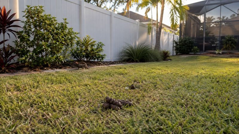 Roof rat near dog waste in a well-kept Port Charlotte backyard.
