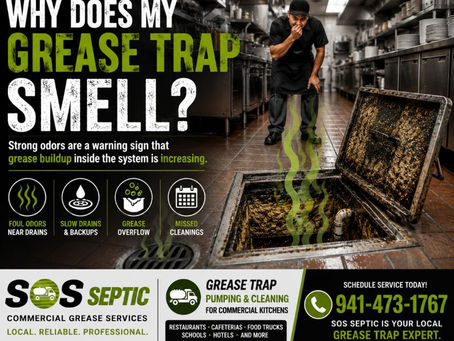 Commercial kitchen employee reacting to strong odors from an open grease trap, illustrating grease buildup, wastewater problems, and the need for routine grease trap cleaning.