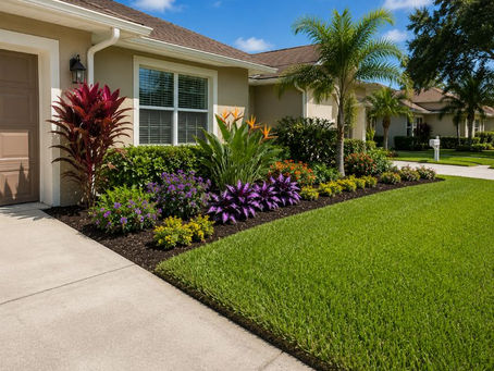 Layered landscaping at a North Port, Florida home featuring colorful tropical plants, healthy St. Augustine grass, fresh black mulch, and professionally designed flower beds with depth and visual balance.