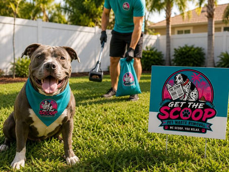 Professional pet waste removal in a clean Port Charlotte backyard with a happy pit bull enjoying a freshly maintained lawn.