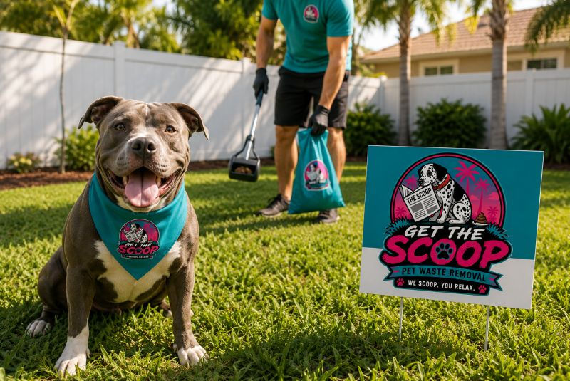Professional pet waste removal in a clean Port Charlotte backyard with a happy pit bull enjoying a freshly maintained lawn.