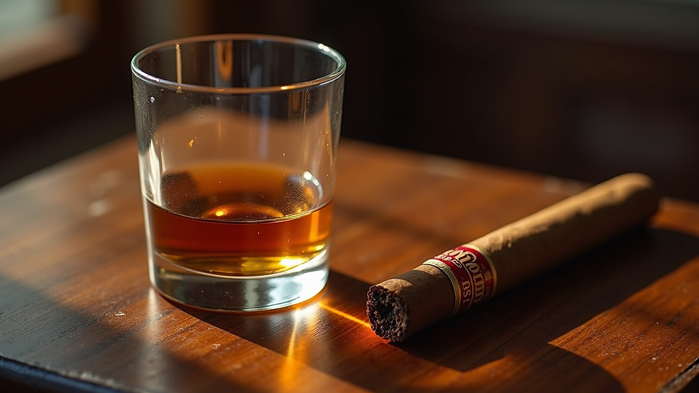 High angle view of a glass of whiskey beside a lit Don Collins cigar