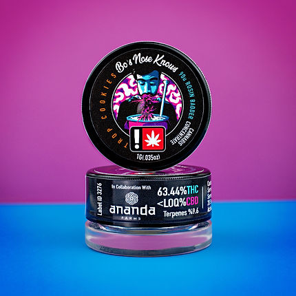 A cannabis product jar with a colorful label featuring psychedelic art, THC content of 63.44%, and partnership with Ananda Farms, set against a purple-blue gradient background.