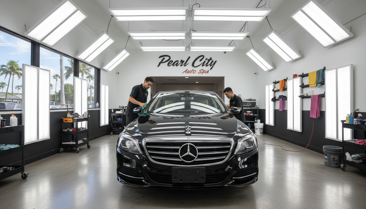 Wide-angle view of a vehicle inside a detailing shop