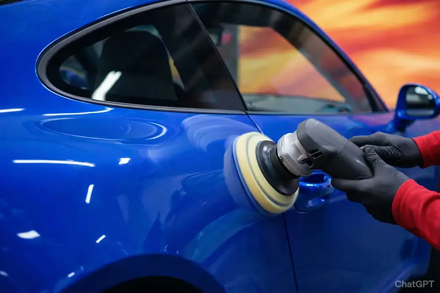 a close up of the like new car detailing team doing a paint buffing on a car