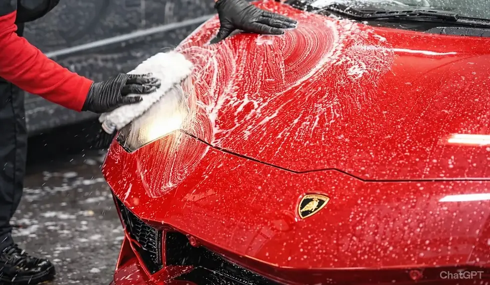 Person cleaning a red Lamborghini with a sponge, covered in soap suds. The scene is set outdoors, with a focus on the vehicle's shiny surface.