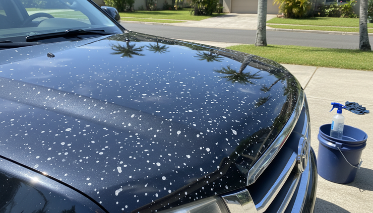 Close-up view of water spots on a dark car hood