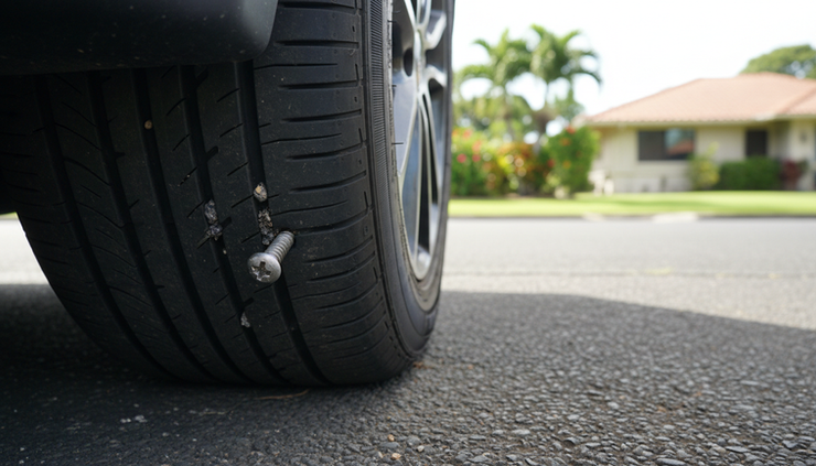 Close-up view of a screw stuck in a tire tread on a parked car.