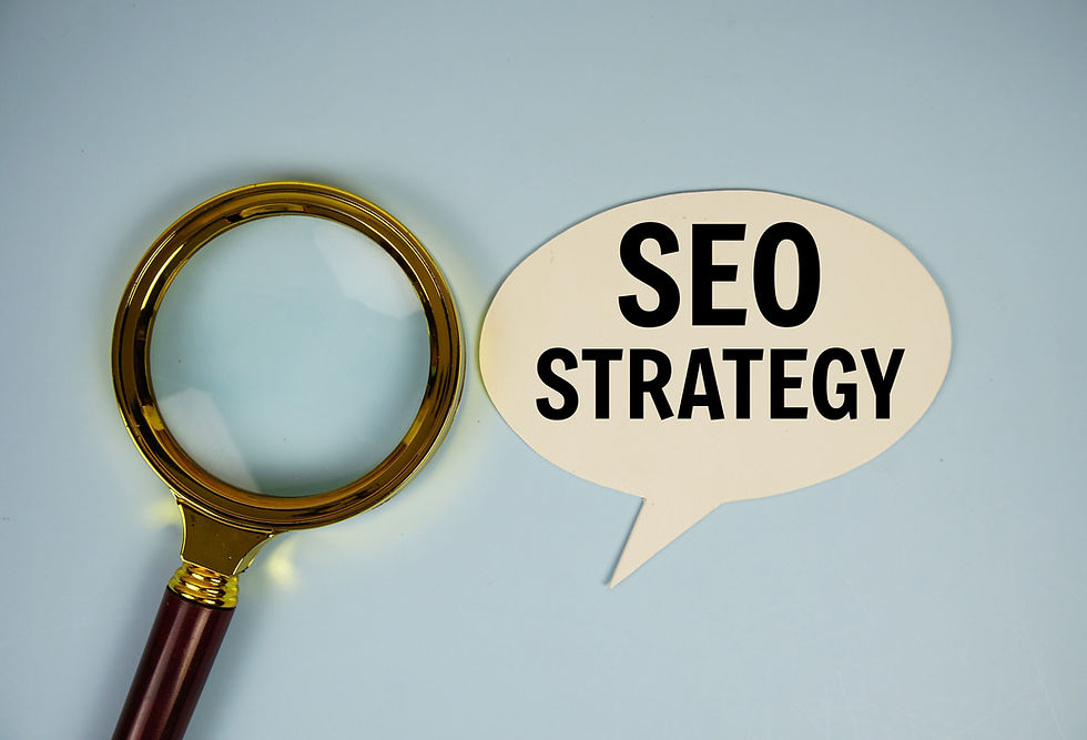 SEO strategy text on bubble speech with magnifying glass top view on blue backgrond_edited