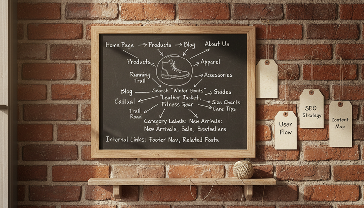 Eye-level view of a small chalkboard covered with arrows linking page names and search terms.