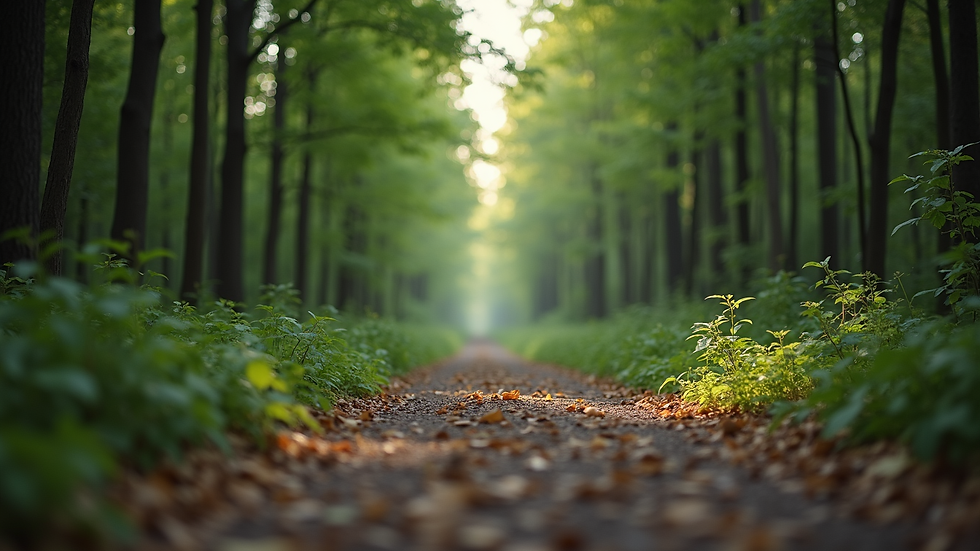 Eye-level view of a quiet forest path symbolizing a journey forward