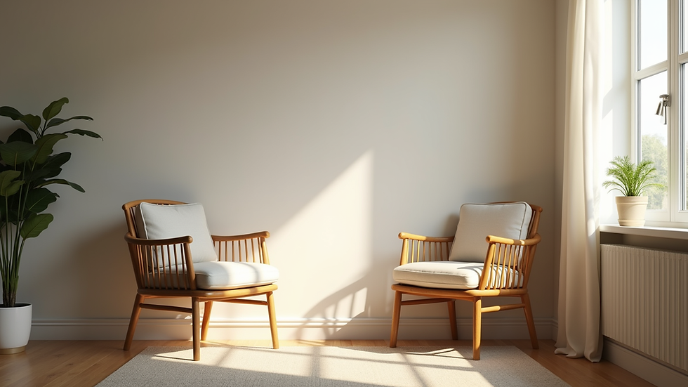 Two cushioned wooden chairs in a sunlit room.