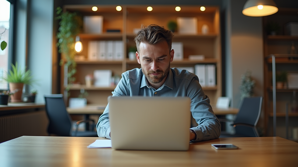Eye-level view of a small business owner working on a laptop in a cozy office