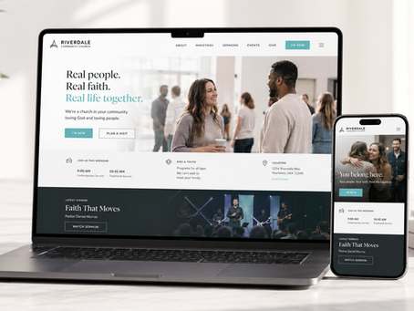 Church website homepage structure with service times, location, sermons, ministries, and visitor call-to-action