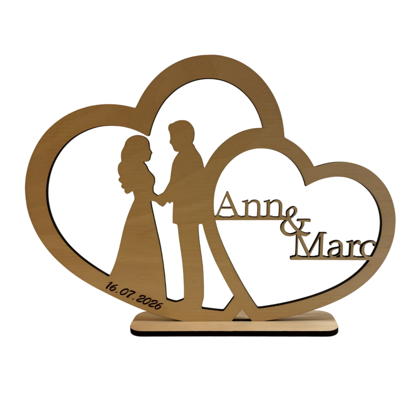 Gepersonaliseerd houten hart met silhouet, namen en datum