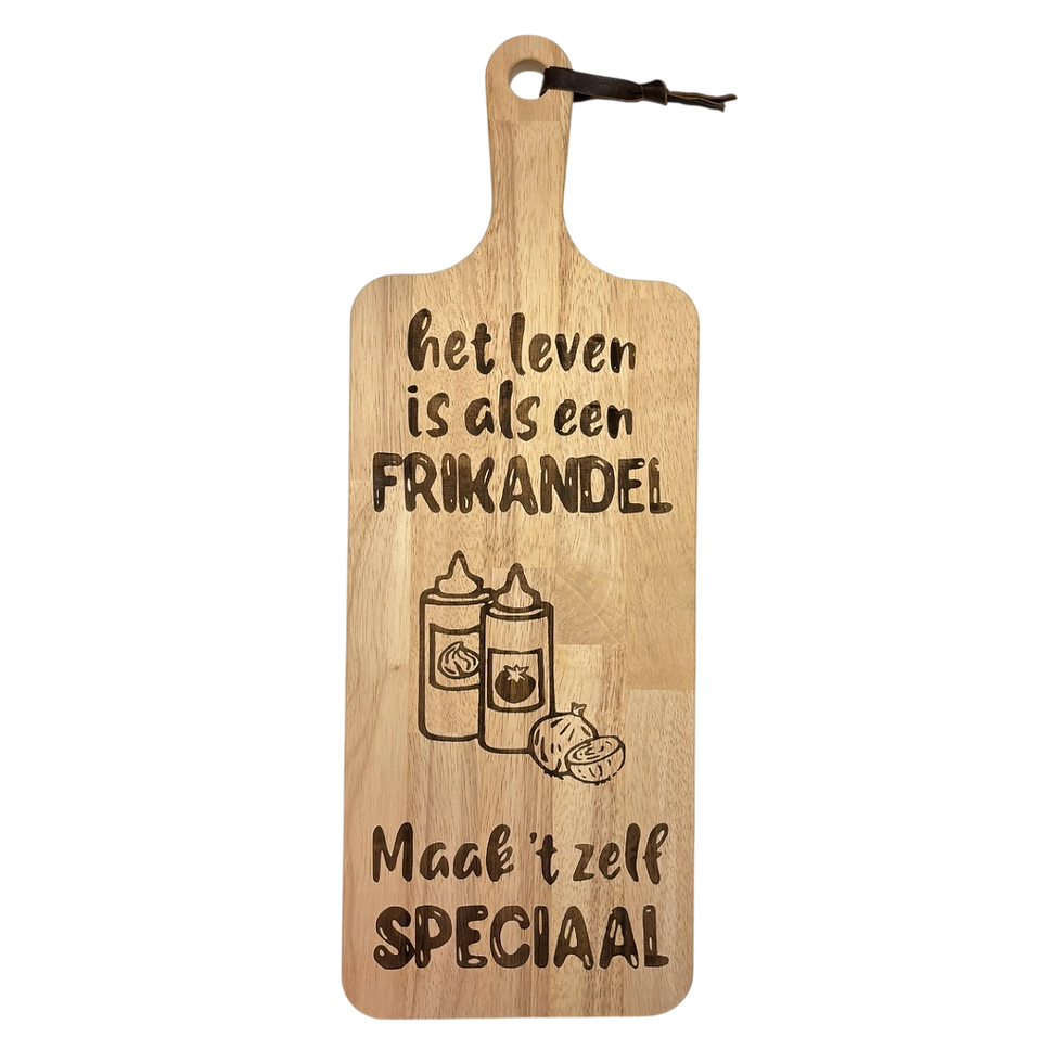 Thumbnail: Langwerpige gepersonaliseerde serveerplank met lederen lint (58 × 21 cm)