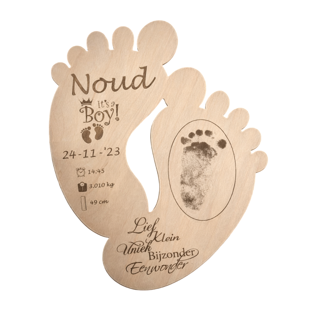 Gepersonaliseerd houten geboortebord voetafdruk – 30 x 28 cm