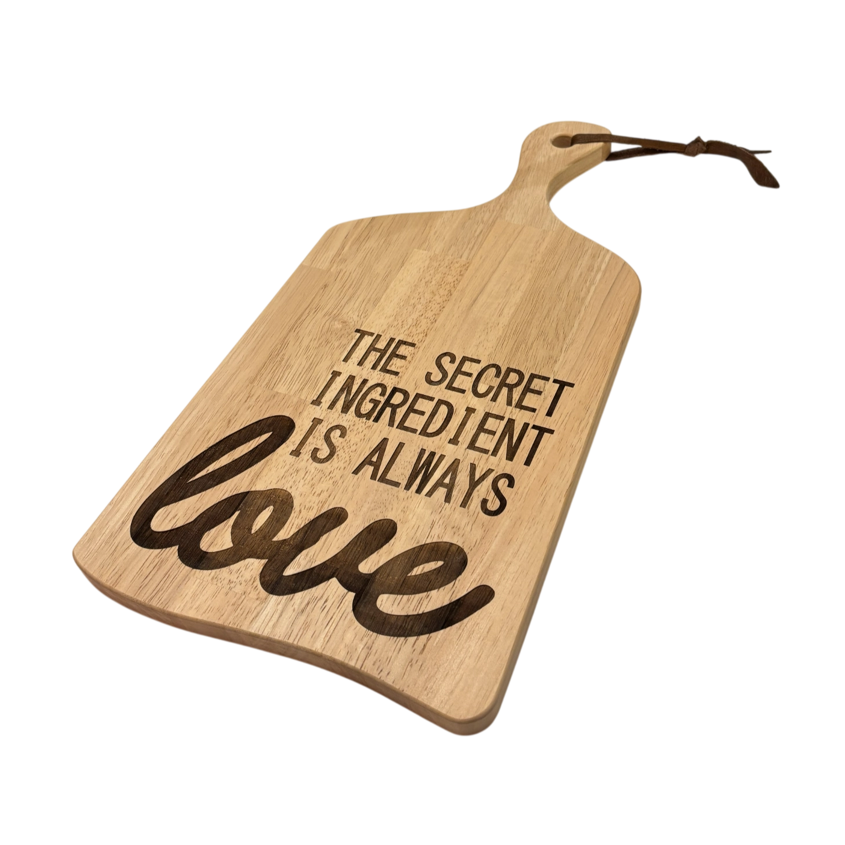 Gepersonaliseerde houten snij- en serveerplank met lederen lint (45 × 22,5 cm)