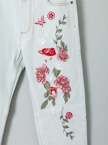 ○今昔 KJ-29123 -86 こんじゃく『牡丹と狐』ALL刺繍デニム