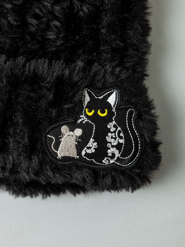 ラミ＆アール 耳付きモコモコ帽子 LIN AL-75736 黒猫 ネコ 鼠 ネズミ 防寒