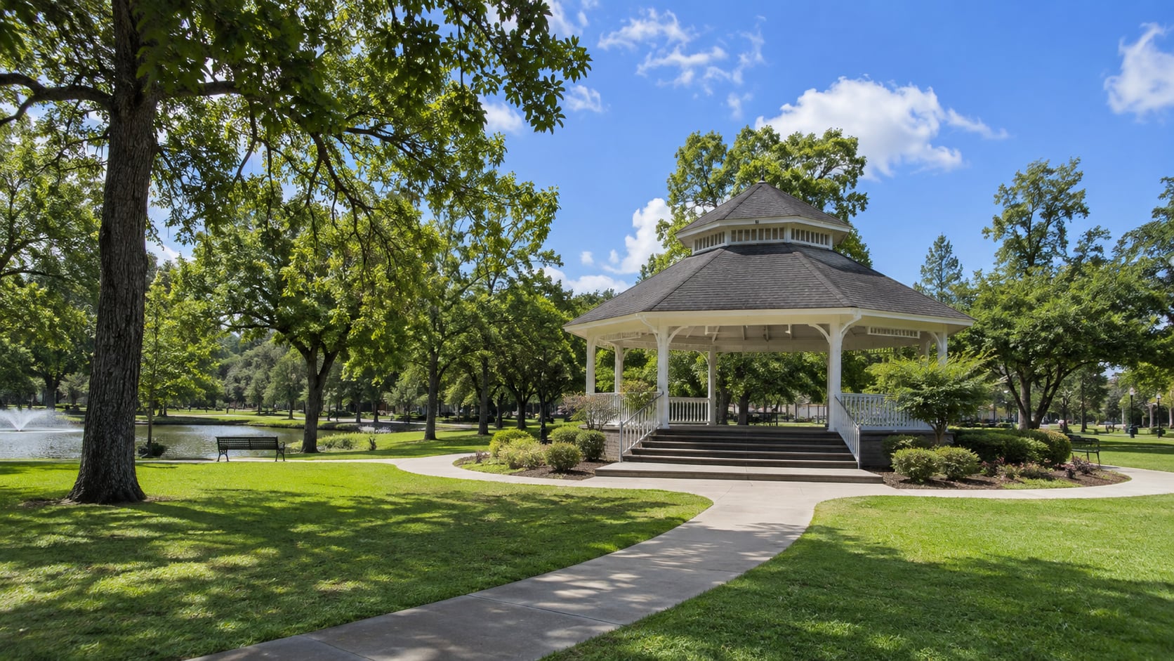 Stevenson Park gazebo and green space in Friendswood, Texas.