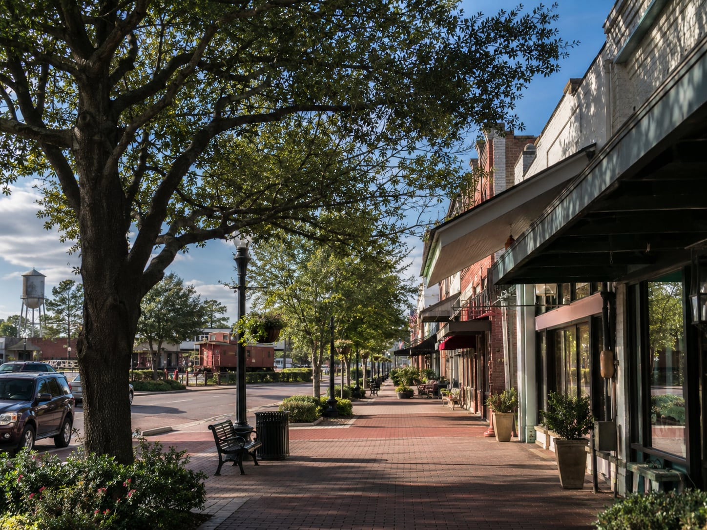 Historic downtown Humble streetscape with local shops and shaded sidewalks.