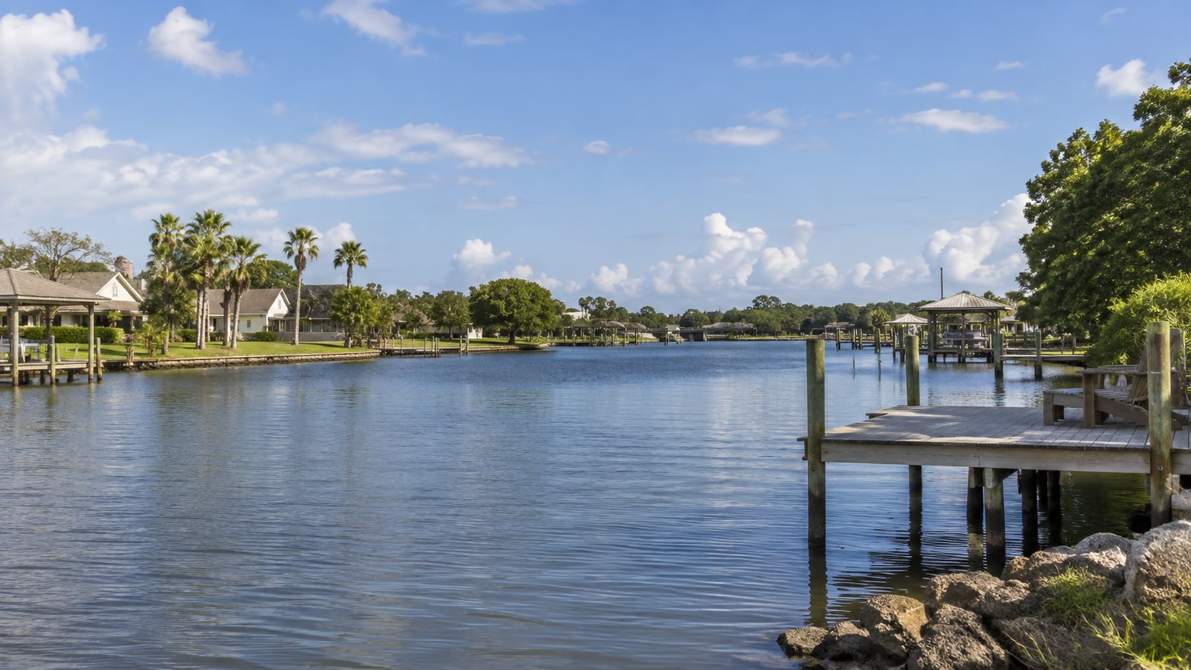 Dickinson Bayou and surrounding waterfront scenery in Dickinson, Texas.