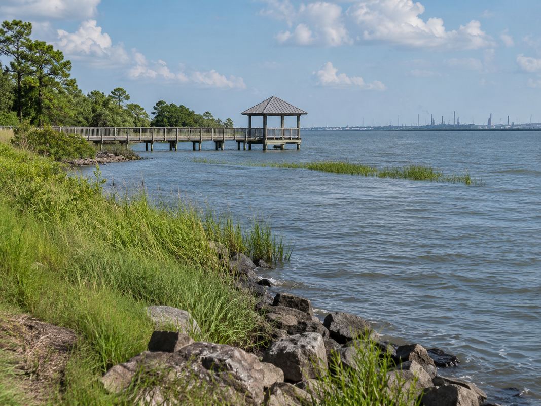 Waterfront scenery at Baytown Nature Center in Baytown, Texas.
