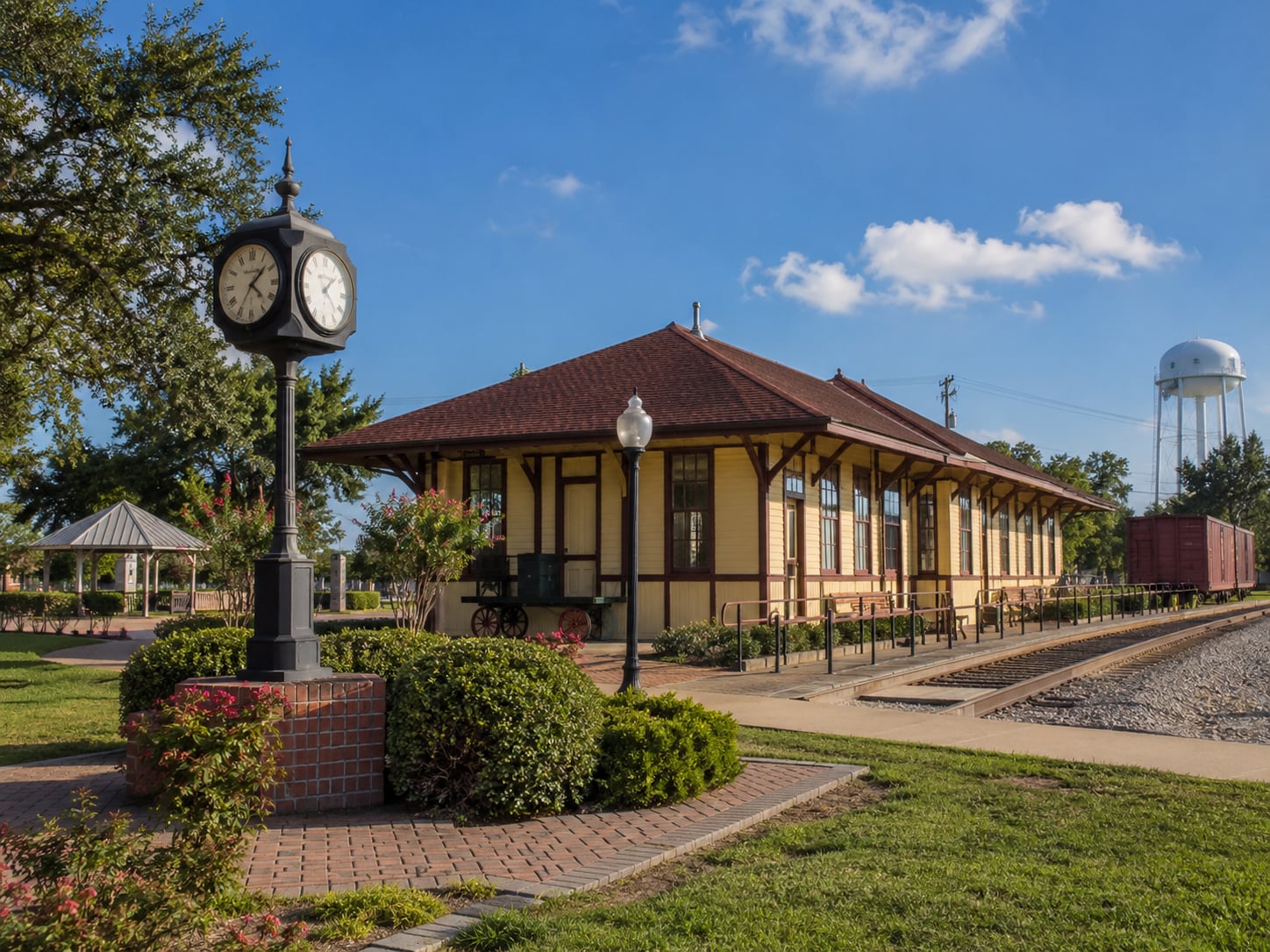 Historic train depot and clock in Alvin, Texas.
