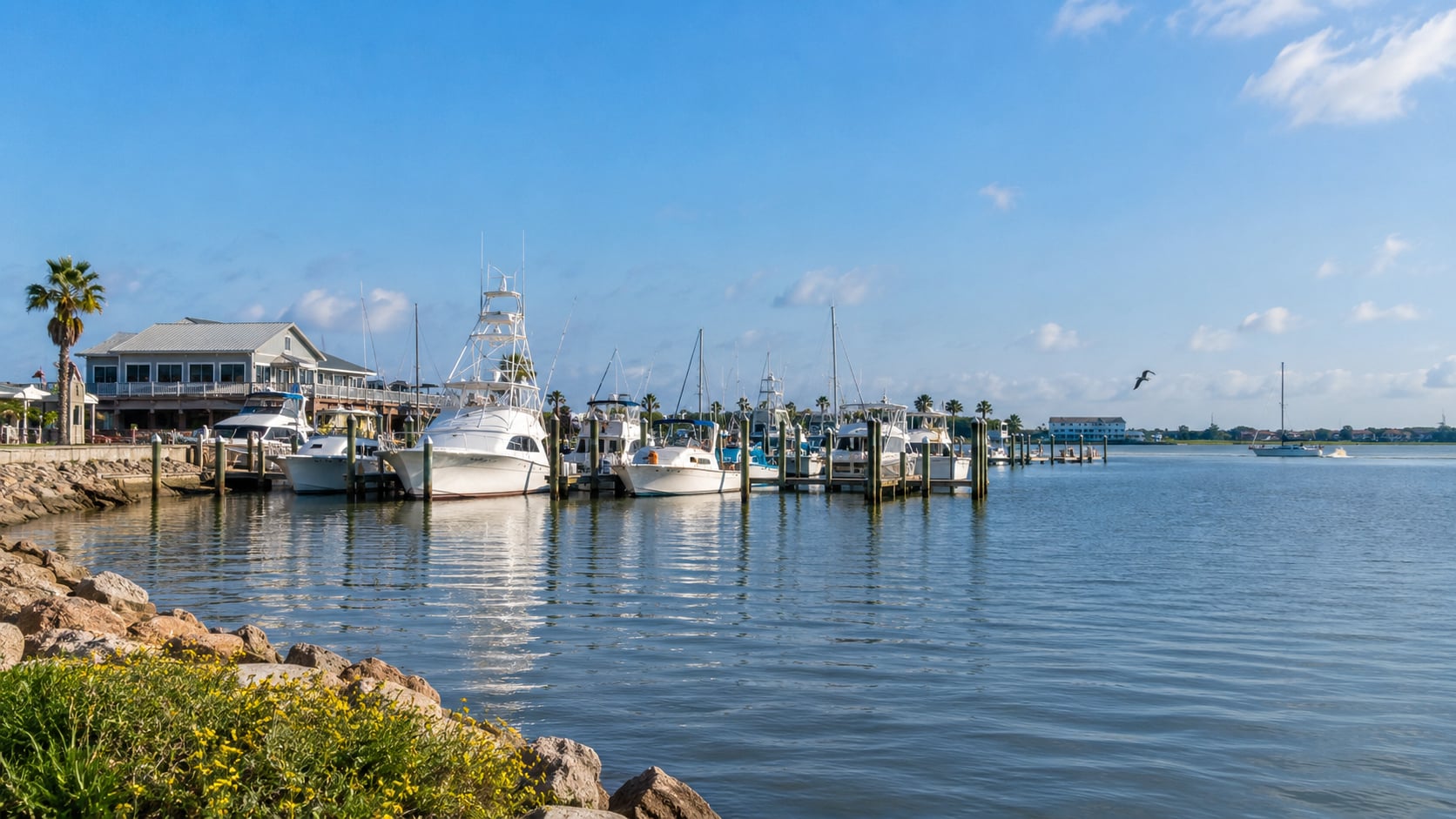 Waterfront scenery and marina area in Seabrook, Texas.