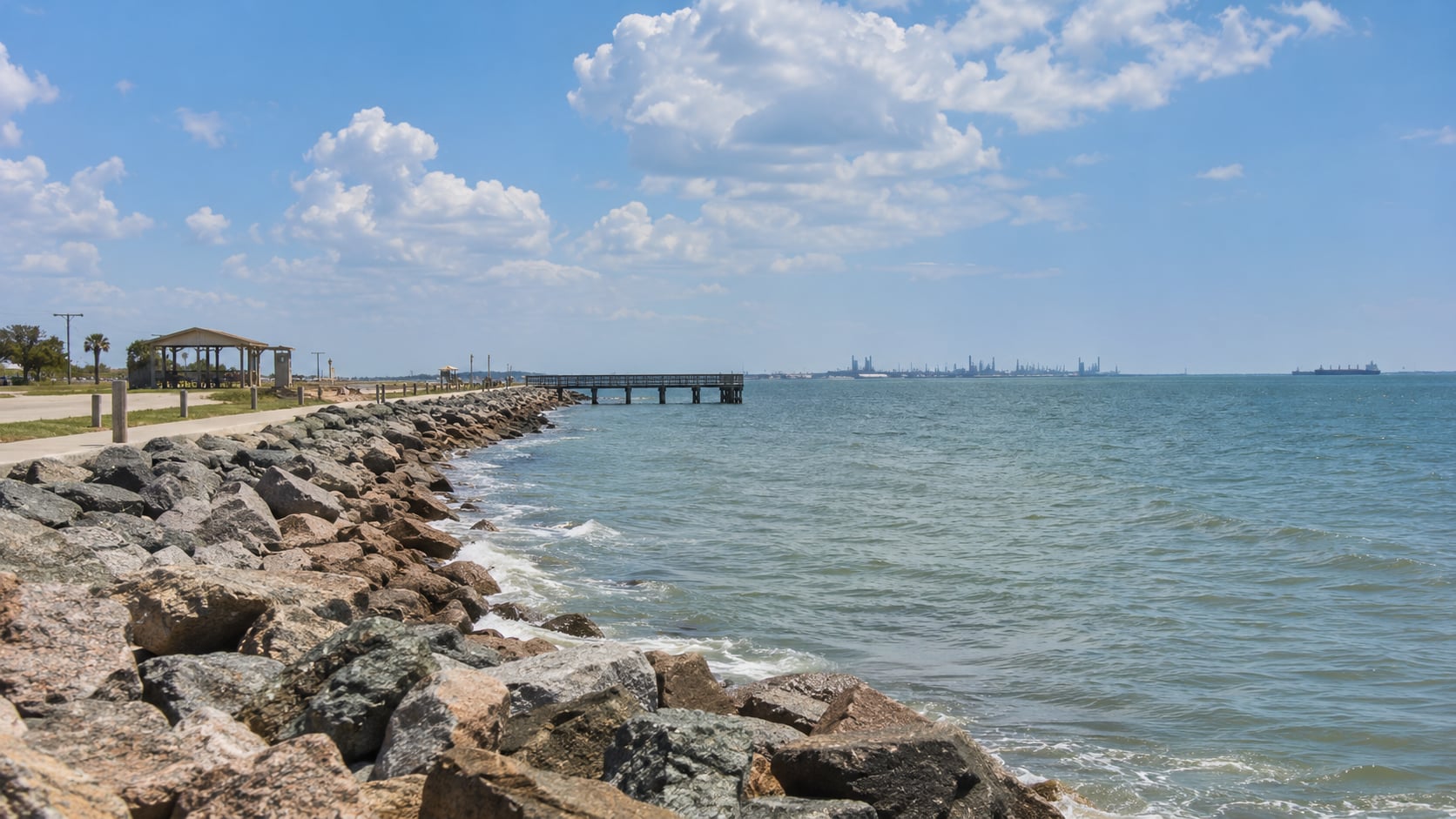 Waterfront view along the Texas City Dike in Texas City, Texas.