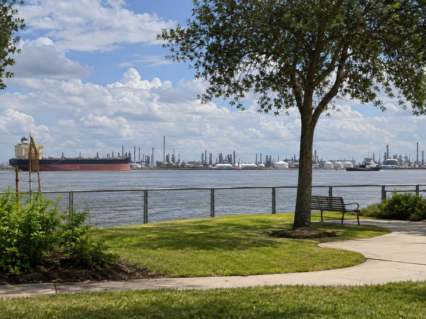 Galena Park waterfront with views of the Houston Ship Channel and industrial harbor.