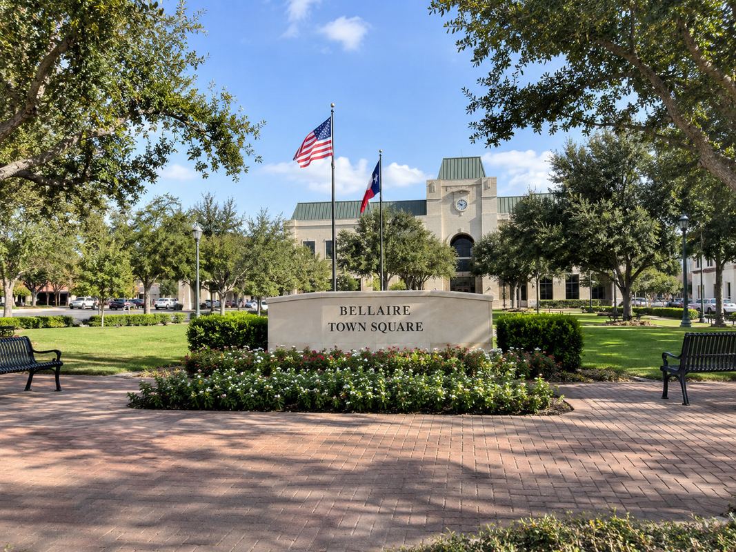Bellaire Town Square and civic area in Bellaire, Texas.