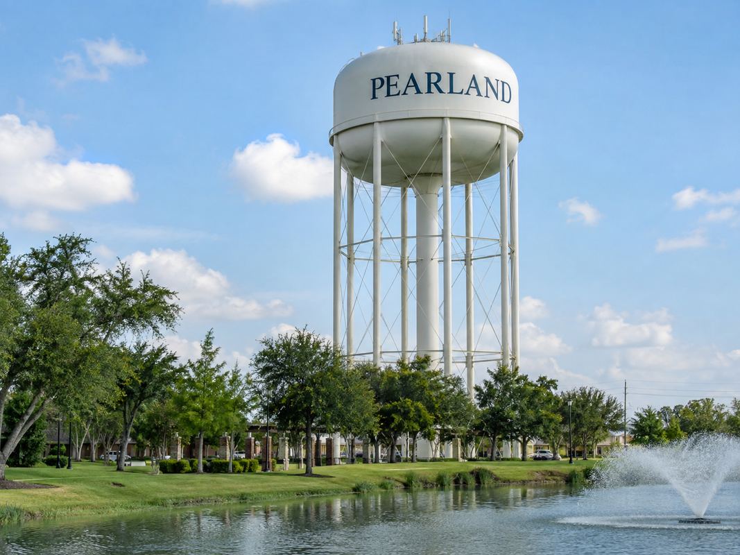 Pearland water tower and surrounding city landscape in Pearland, Texas.